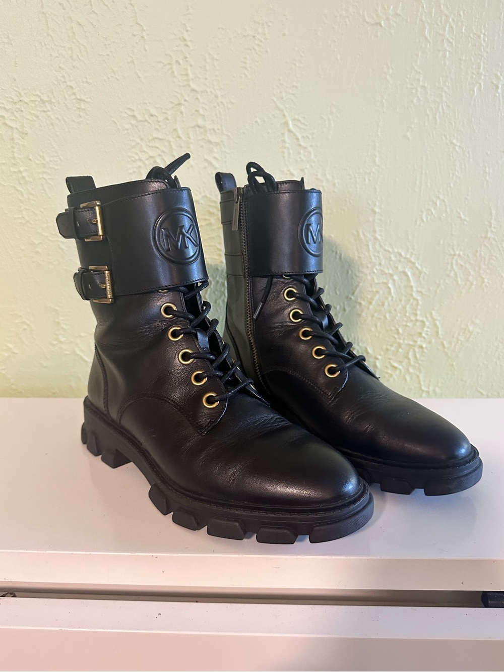 Michael Kors Black Leather Ankle Boots  Gold Hardware Combat size 9